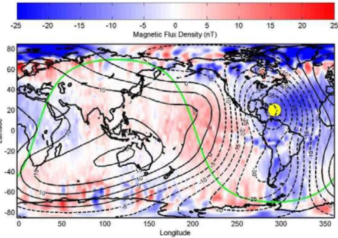 Fig. 5. Sq magnetic daily variation in CHAMP satellite total inten- inten-sity magnetic data at 16:30 UT shown as a red-blue surface plot.