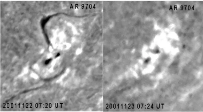 Fig. 4. MDI images showing the evolution of the magnetic con- con-figuration of AR 9704