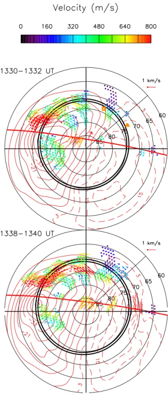 Fig. 3. Samples of the SuperDARN equipotential contour maps for two periods, with radar determined “true vectors” and satellite plasma drift vectors overlaid, both colour-coded according to  mag-nitude