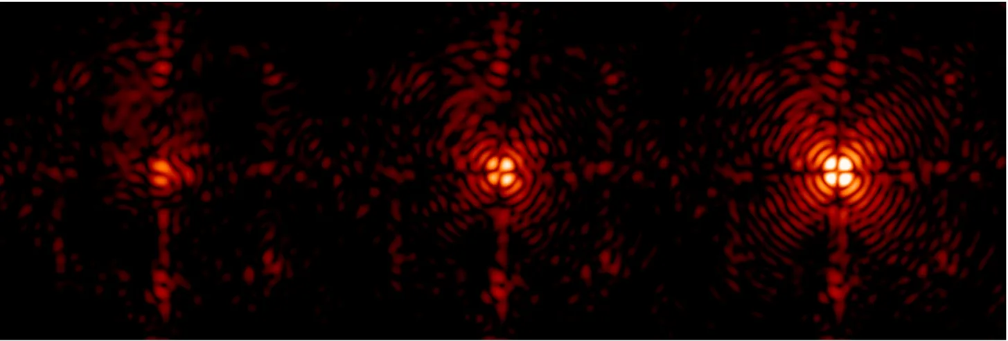 Figure 3. Focal-plane coronagraphic images with the reference wave-front. From left to right: i(φ 0 u , ξ 0 u ), i(φ 0 u +φ div1 , ξ 0 u ), and i(φ 0 u + φ div2 , ξ 0 u ).