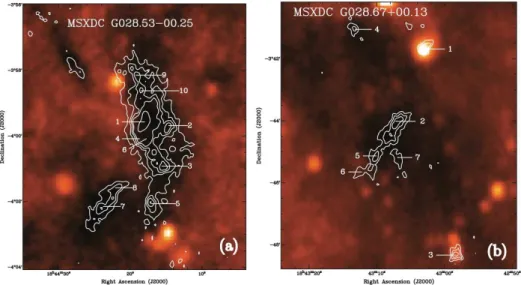 Fig. 2. Taken from Rathborne et al. (2006): Two InfraRed Dark Clouds detected in MSX 8 µm images (color scale) as absorption features and confirmed by MAMBO-2 1.2 mm continuum emission (contours) as filamentary clouds splitting into several clumps.