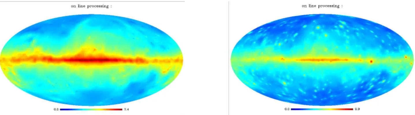 Figure 4. Left: Gamma Ray galactic background model reconstructed with MS-VSTS method + Hybrid Steepest Descent Algorithm in logarithmic scale Right: Gamma Ray galactic background model with ponctual sources reconstructed with MS-VSTS method + Hybrid Steep