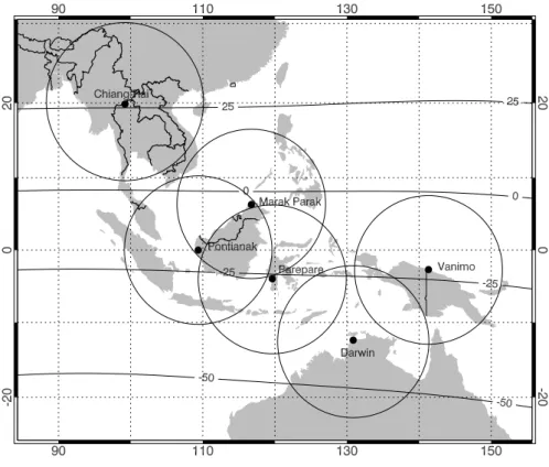 Fig. 1. Locations of GPS receiver network stations. The coverage circles about each station have a radius of 1140 km, corresponding to an elevation of 15 ◦ and an ionospheric pierce point altitude of 400 km
