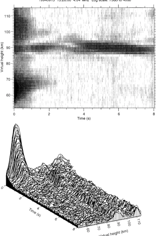 Fig. 7. Grey-scale and surface plots of API echoes extending down to 52 km on 15 September 1994
