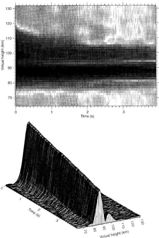 Fig. 3. Grey-scale and surface plot of API echoes between 80 and 120 km from 18 November 1993