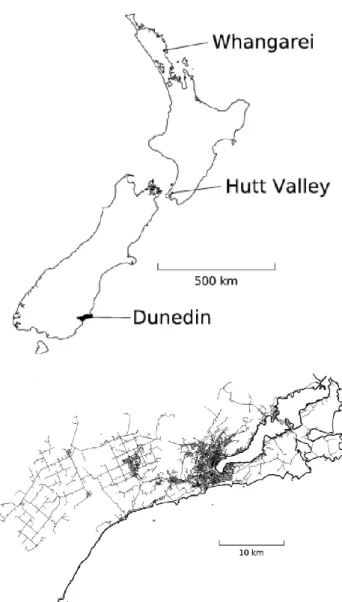 Fig. 1. Map of New Zealand on the left showing the location of Dunedin and other electrical suppliers using a 1050 Hz ripple  con-trol signal