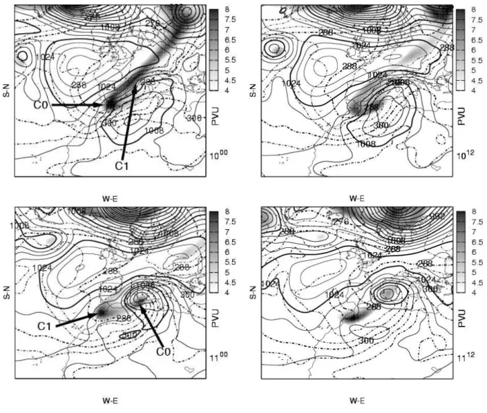 Fig. 1. Sea level pressure (every 4 hPa, solid line), Potential temperature at 850 hPa (every 4 K, dashed line) and Isentropic Ertel PV at 330 K (1 PVU=10 −6 m 2 Ks −1 kg −1 , coloured field) from ECMWF analyses on 10 November 2001 at 00:00 UTC (top left),