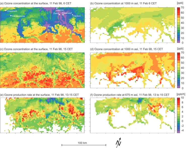 Fig. 9. Ozone concentration fields modelled by Metphomod for 11 February, 6 CET at the surface (a) and at 1000 m asl (b), and on 11 February 15 CET at the surface (c) and at 1000 m asl (d)