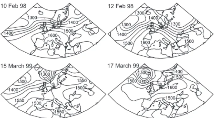 Fig. 2. 850 hPa geopotential height field over Europe on 10 and 12 February 1998 (top) and 15 and 17 March 1999 (bottom), at 12 UTC