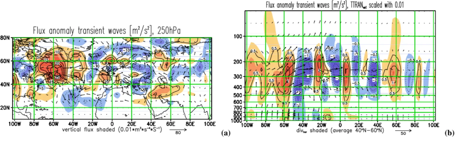 Fig. 6. Stationary flux changes over the North Atlantic. Stationary flux changes (Plumb, 1985) over the North Atlantic due to the ozone anomaly.