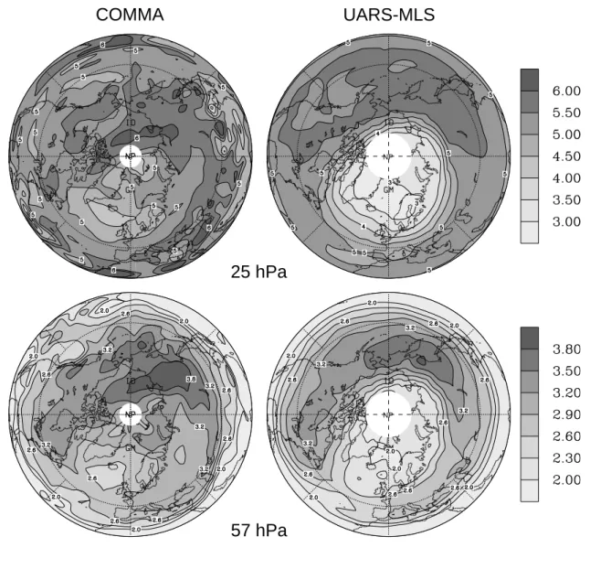 Fig. 8. Temporal mean ozone mixing ratio (ppmv) of the period between 13 and 20 February 1996, (left) calculated from the simulation using the STS/NAT-scheme and (right) derived from UARS-MLS data