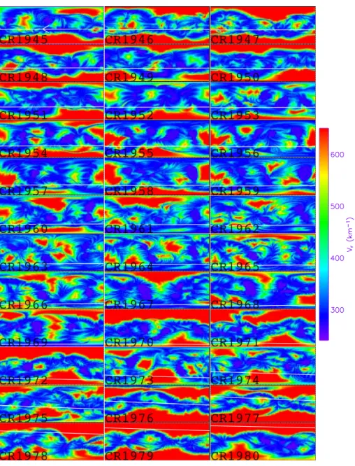 Fig. 4. Computed radial velocities for CR1945 to CR1980. The solid line in each panel indicates Ulysses’ mapped trajectory along this spherical shell.