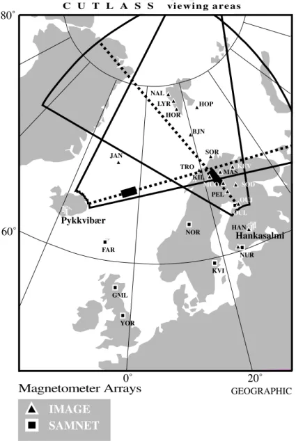 Fig. 1. Map in geographic coordinates showing CUTLASS beams and ranges of interest, and IMAGE and  SAM-NET magnetometer locations