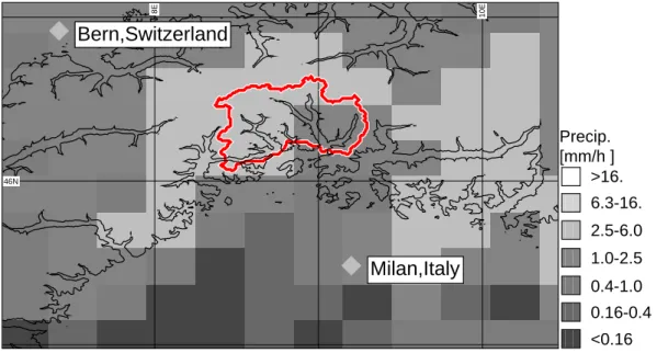 Fig. 1. Specification of areas of interests. The Ticino-Verzasca-Maggia (TVM) watershed (total area: 2627 km 2 ) is outlined in red
