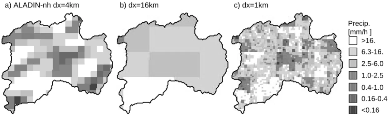 Fig. 7. Same as Fig. 6, but for ALADIN-nh products with (a) the original grid with 4 km, (b) a coarse grid with 16 km and (c) a fine grid with 1 km grid spacing.