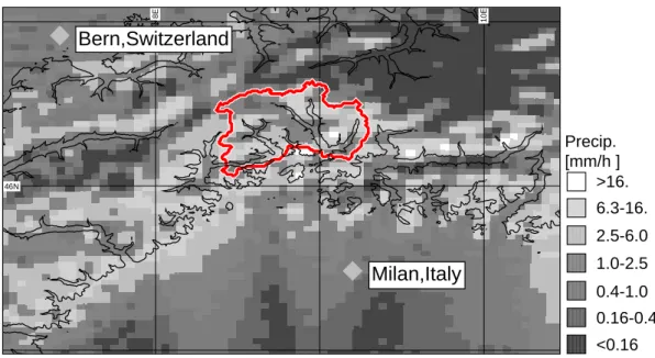 Fig. 11. Same as Fig. 10, but a precipitation field with grid spacing of about 4 km simulated by ALADIN-nh is shown.