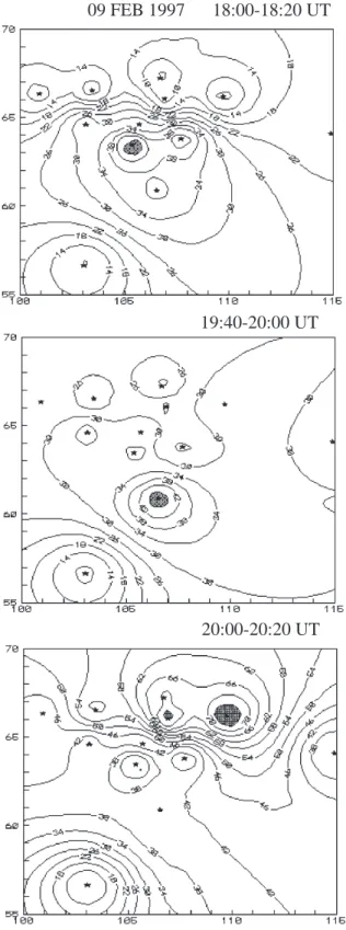 Fig. 5. The spatial distribution of the 0.6–2.0 MHz magnetic pulsations in CGM coordinates; asterisks show the station locations.