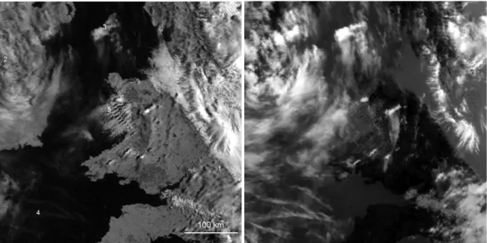 Fig. 2. (a) Visible-light satellite image at 07:30 UT on 15 June 1995, approximately 7.5 ◦ –1 ◦ W, 50.5 ◦ –54.5 ◦ N