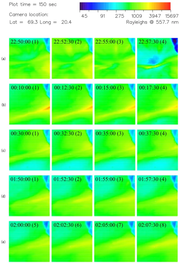 Fig. 4. All-sky images of the selected events. The spatial coverage is 67.6–72.6 ◦ N, 13.5–26.0 ◦ E geographic (about 520 × 520 km) at 10 × 10 km resolution