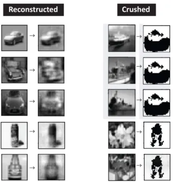 Figure 1: Illustrations of Reconstructed and Crushed images by RCN from CIFAR10 and CIFAR100.
