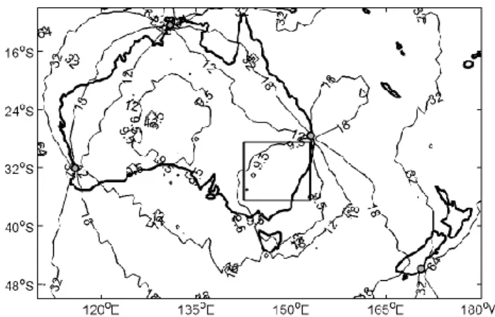 Fig. 8. The estimated location accuracy of the WWLL network when including only the 4 stations nearest to the Kattron high  accu-racy region in the same format as Figure 1