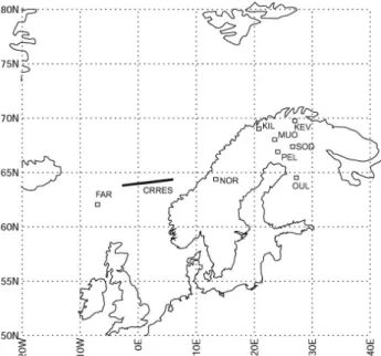 Fig. 1. Locations of ground-based magnetometers and the CRRES mapping to the ionosphere at 1-h interval, 20:00–21:00 UT, during the substorm on 12 March 1991.