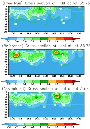 Fig. 12. Evolution in time of phosphate, nitrate, diatoms, picoplank- picoplank-ton, mesozooplankton and bacteria RRMS from the SFPLEK filter assimilating sea color data using global EOFs, global-local EOFs from 4 horizontal and 3 vertical sub-domains (as 