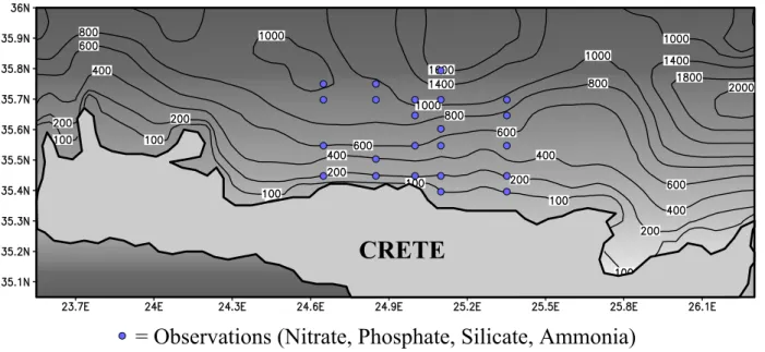 Fig. 2. Simulation domain with locations for profiles (pseudo) observations of nitrate, phosphate, silicate and ammonia.