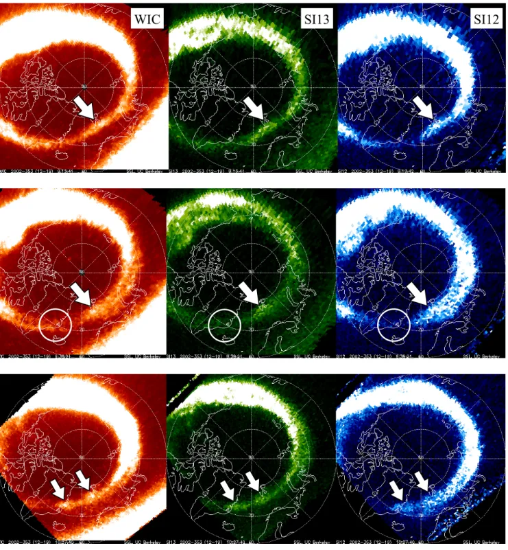 Figure 7. Cusp aurora signatures as recorded by the WIC, SI13 and SI12 IMAGE-FUV instruments (from left  to right)