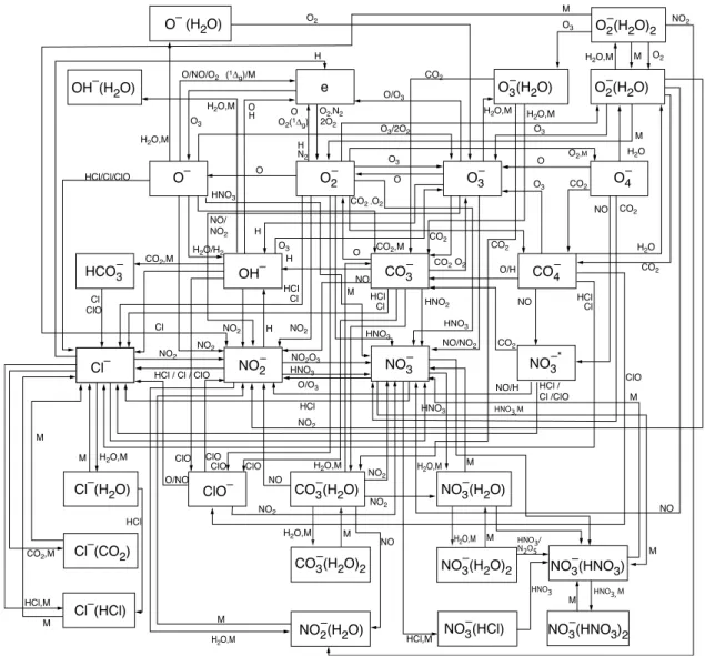 Fig. 1. Block diagram for the negative ion scheme of the SIC model. The various ions in the blocks are either the