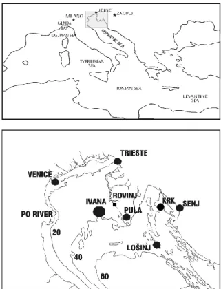 Fig. 1. Northern Adriatic Sea location and bathymetry. The loca- loca-tions of the radio-sounding staloca-tions are denoted in the upper chart with asterisks, whereas the locations of the gas field Ivana and  mete-orological stations whose data were used i