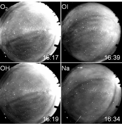 Fig. 2. Example all-sky images recorded in the OI, O 2 , Na, and OH emissions on January 27/28