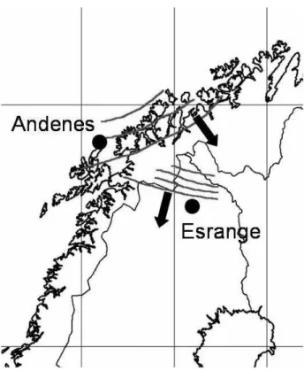 Fig. 4. Geographic map showing northern Scandinavia and the two observation sites participating in the cam- cam-paign