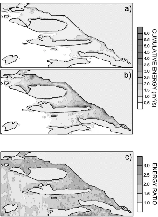 Fig. 8. Cumulative sea level energy modelled with (a) variable α and U=20 m/s (model run 1), (b) constant α=97 ◦ and U=20 m/s (model run 2), and (c) their ratio.