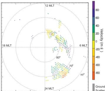 Fig. 4. Gridded line-of-sight velocity data from the SuperDARN radars for 23 June 2000 at 13:06 UT.