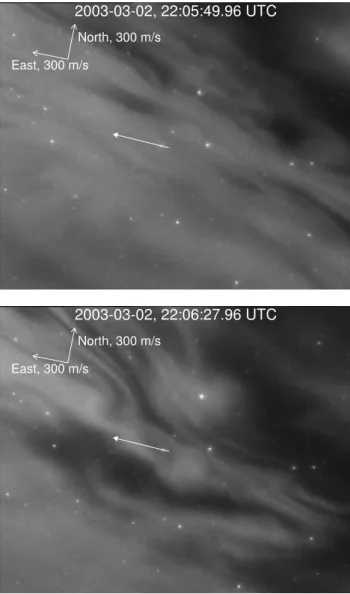 Fig. 4. Two images from event 03C, about 0.5 s apart, showing the black aurora in an on (upper image) and off (lower image) phase of the pulsating aurora (veiling).