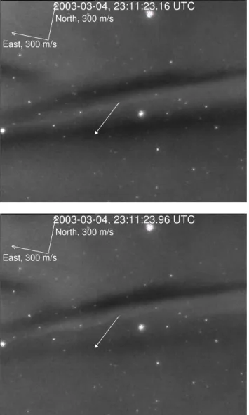 Fig. 5. An image from event 03D, where elongated black patches were drifting rapidly and parallel to the plasma flow (indicated by the vector).