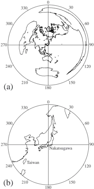 Fig. 1. (a) Relative location of our ULF/ELF observatory in Nakat- Nakat-sugawa and Taiwan in the form of world map with our ULF  obser-vatory located at the origin
