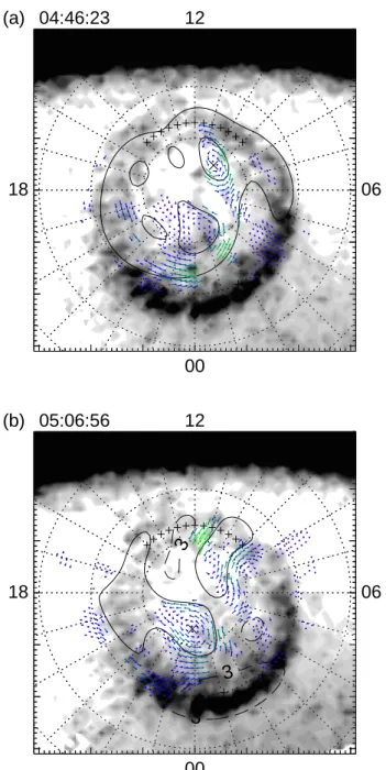 Fig. 7. WIC images of the northern polar cap, superimposed over which are the potential contours and flow pattern determined by analysis of SuperDARN radar data