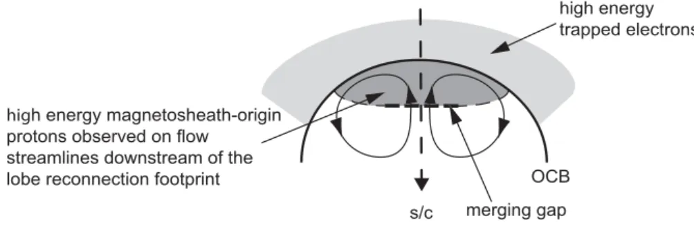 Fig. 5. A schematic to illustrate the important features and particle populations in the vicinity of the dayside polar cap