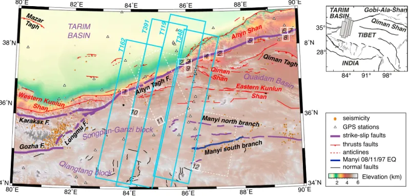 Figure 1. Seismotectonic setting of the Altyn Tagh Fault system superimposed on Digital Elevation Model of the Shuttle Radar Topography Mission