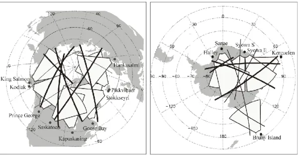 Fig. 1. SuperDARN radars’ field of views between 400 and 2800 km in (a) Northern and (b) Southern Hemispheres and footprints (at a height of 300 km) of DMSP F15 satellites