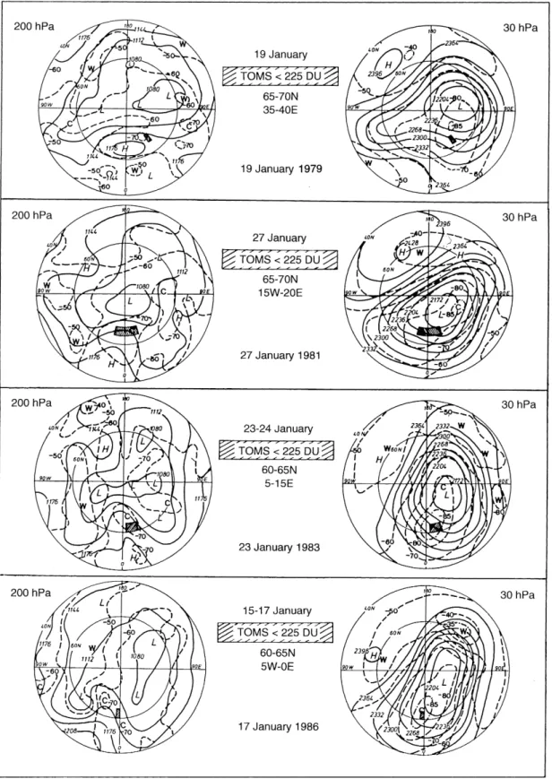 Fig. 3. Height (gpdam) (solid line) and temperature (°C) (dashed line) at 200 hPa (left side) and at 30 hPa (right side) for 4 January cases when total ozone <225 DU (hatched areas)
