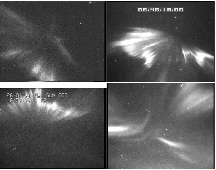 Fig. 1. Typical images from three of the events, and a fourth image, in the lower right frame, which shows a coronal aurora from event X with no associated enhanced ion-acoustic echoes