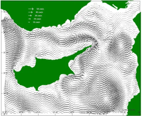 Fig. 7e. CYCOM circulation at 30 m, for October of the second year of the climatological run.