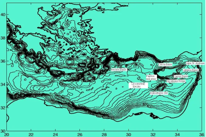 Fig. 3. Physiography and bathymetry of the eastern Mediterranean Sea. In the Levantine Basin some geographical names relevant to the nested CYCOM model for the Cyprus and NE Levantine basins are also shown.
