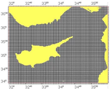 Fig. 4. CYCOM-Cyprus coastal ocean model domain with a hori- hori-zontal resolution of 3 × 3 km and 30 vertical layers from the surface down to 2500 m.