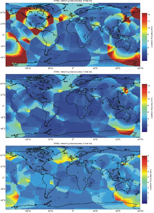 Fig. 8. An estimate of the global location accuracy of the 18 receiving station WWLL network listed in Table 1, assuming a 10-µs timing error