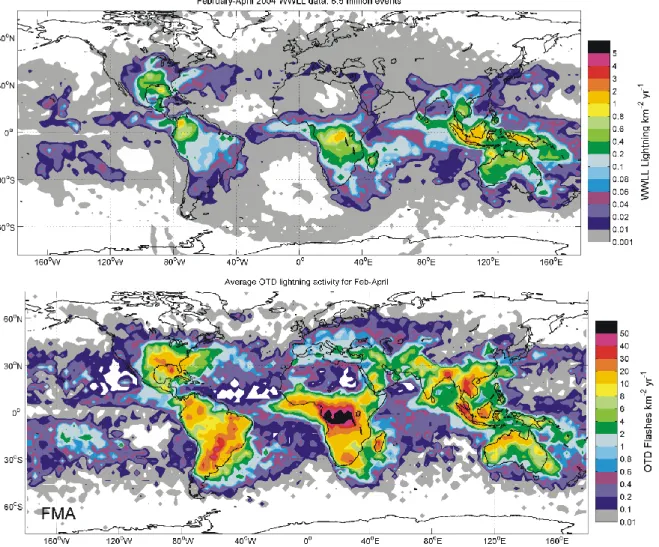Fig. 9. The annualized geographical distribution of lightning activity in units of flashes km −2 yr −1 
