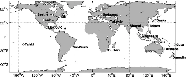 Fig. 1. Locations of the 18 VLF receiving stations (shown as diamonds) currently returning lightning trigger times to the processing stations (Dunedin and Seattle) as of mid-May 2004